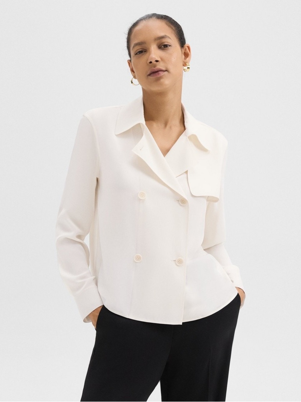 Theory Trench Blouse Recycled Georgette Ivory Double Breasted Petite P 0/00